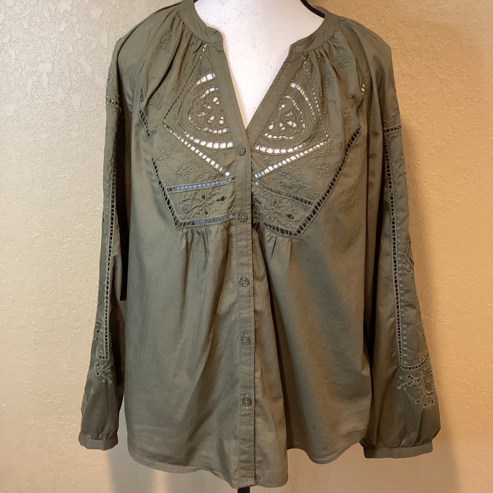Lauren Ralph Lauren Olive Green 100% Cotton Button Up Shirt, Eyelet & Embroidery